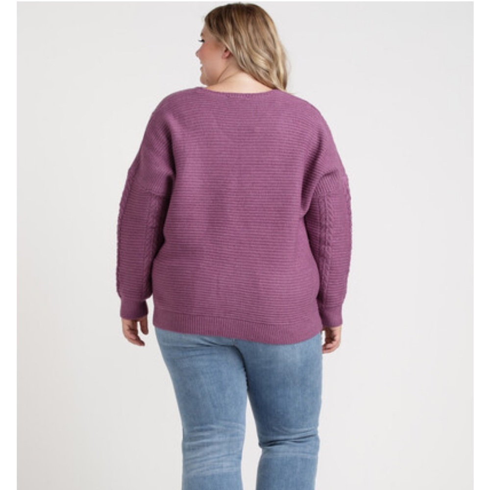 Warehouse One 3X/4X Purple V-Neck Cable Knit Sweater - Picture 2 of 6
